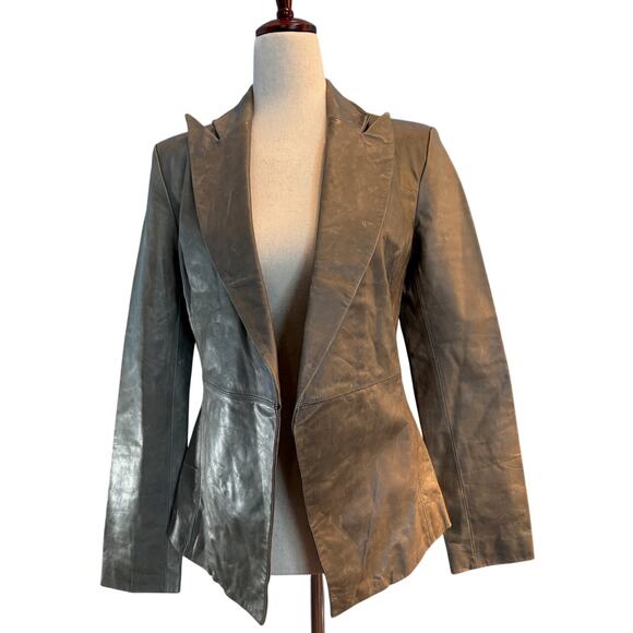 NWOT BLK DNM Distressed Leather Blazer Jacket Lined Olive Open XS XXS - Picture 1 of 9